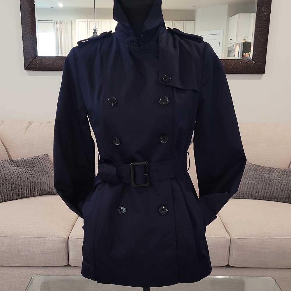 NWT Banana Republic Navy Trench Coat with High Collar and Textured Fabric